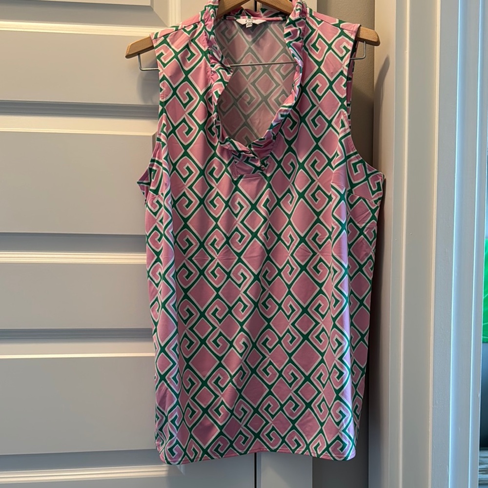 Pink and Green Geometric Sleeveless Top